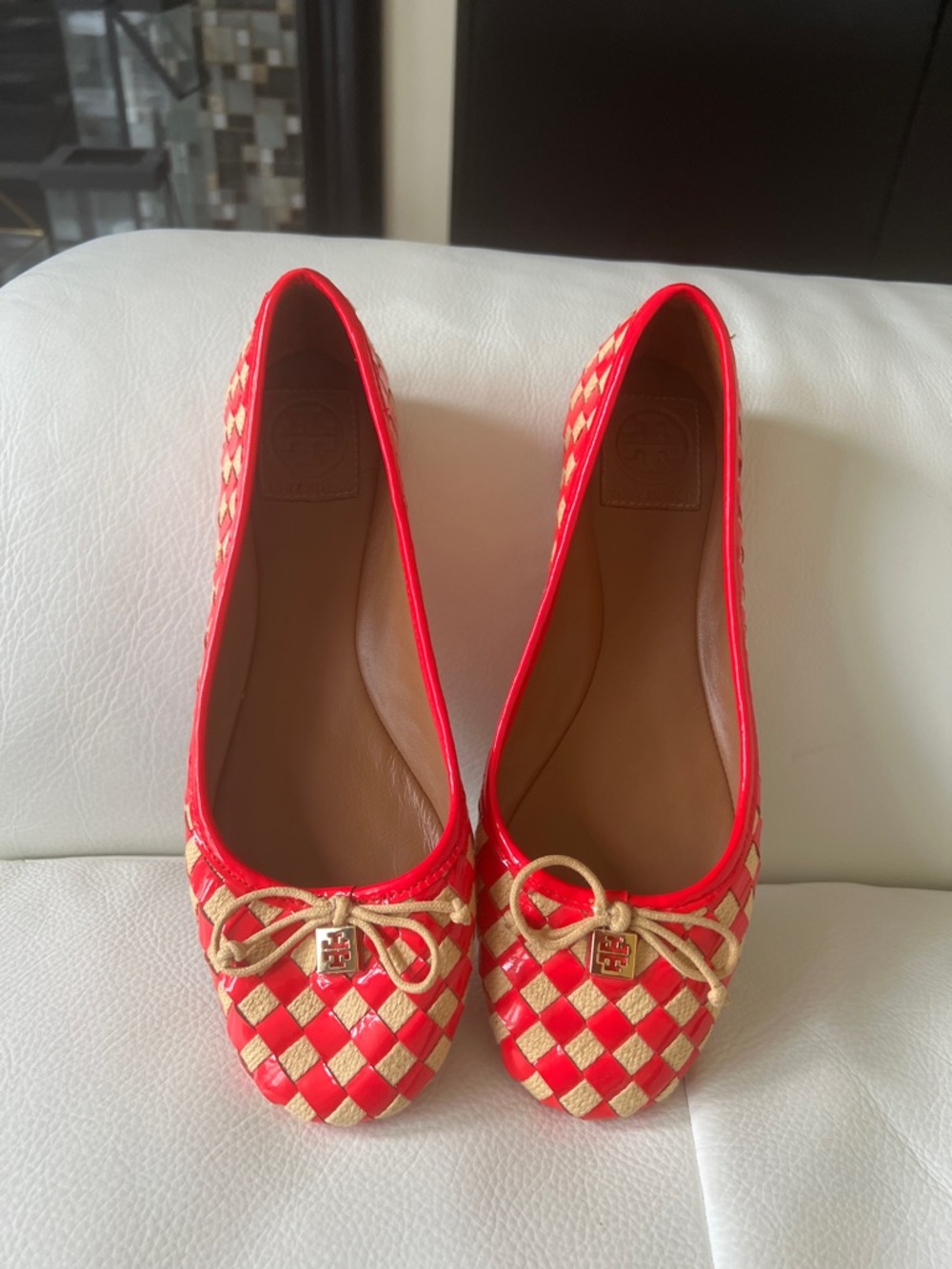Tory Burch Red and Beige Woven Prescott Flats Size 8 1/2